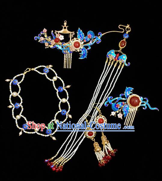 Chinese Ancient Princess Blueing Hair Comb Tassel Hairpins Traditional Handmade Hanfu Hair Accessories for Women