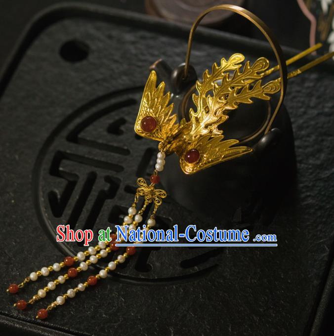 Chinese Ancient Princess Golden Phoenix Tassel Hairpins Traditional Handmade Hanfu Hair Accessories for Women