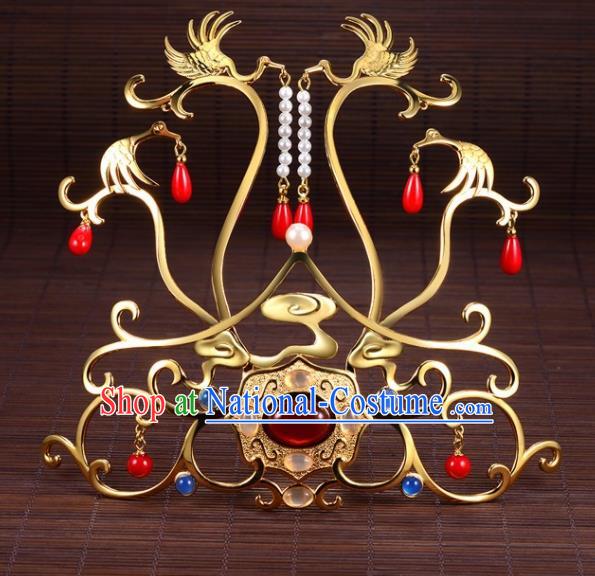 Chinese Ancient Princess Golden Crane Tassel Hair Crown Hairpins Traditional Handmade Hanfu Hair Accessories for Women