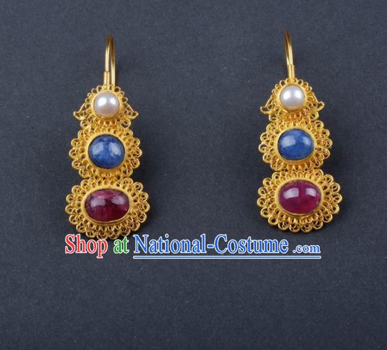 Chinese Ancient Court Golden Gem Earrings Traditional Princess Hanfu Wedding Ear Accessories for Women