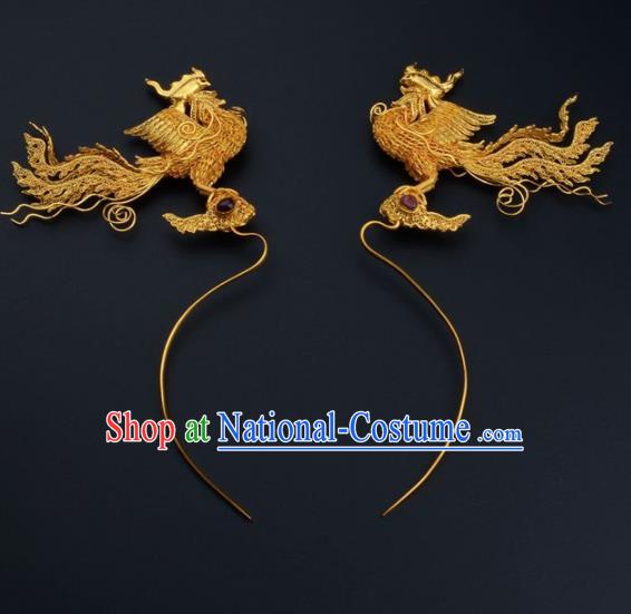 Ancient Chinese Ming Dynasty Empress Golden Phoenix Hairpins Traditional Hanfu Court Hair Accessories for Women