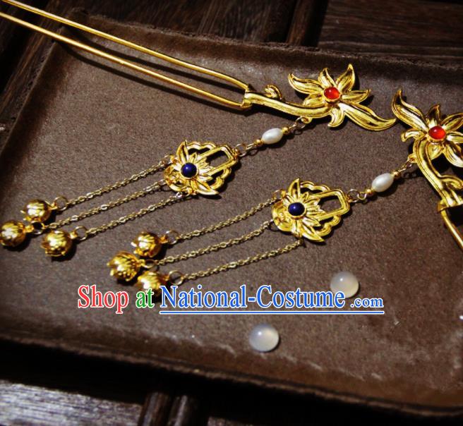 Ancient Chinese Ming Dynasty Empress Golden Lotus Tassel Hairpins Traditional Hanfu Court Hair Accessories for Women