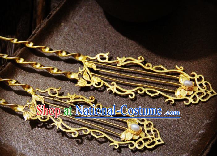 Ancient Chinese Ming Dynasty Princess Pearl Golden Hairpins Traditional Hanfu Court Hair Accessories for Women