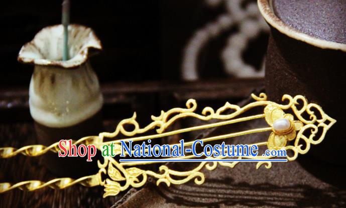 Ancient Chinese Ming Dynasty Princess Pearl Golden Hairpins Traditional Hanfu Court Hair Accessories for Women