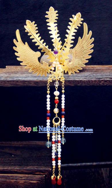 Ancient Chinese Ming Dynasty Princess Golden Hairpins Phoenix Tassel Step Shake Traditional Hanfu Court Hair Accessories for Women