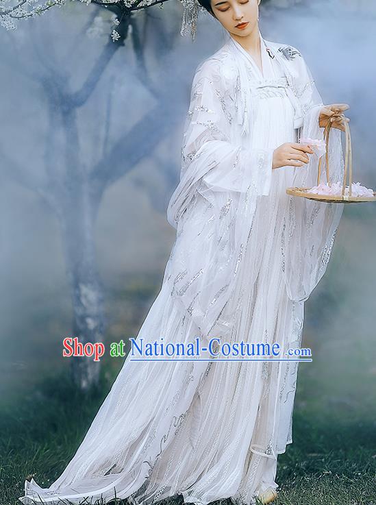 Traditional Chinese Tang Dynasty Imperial Consort White Hanfu Dress Ancient Flower Goddess Replica Costumes for Women