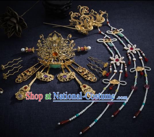 Ancient Chinese Ming Dynasty Lotus Hair Crown Tassel Hairpins Traditional Hanfu Court Hair Accessories Complete Set for Women