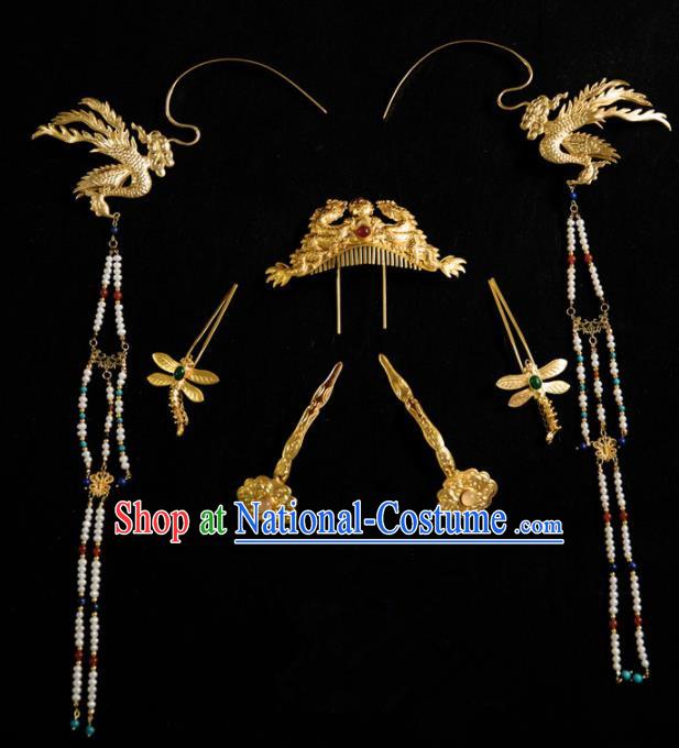 Ancient Chinese Ming Dynasty Queen Hair Crown Tassel Hairpins Traditional Hanfu Court Hair Accessories Complete Set for Women