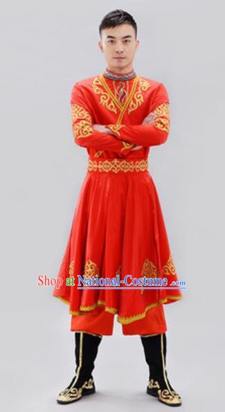 Traditional Chinese Uyghur Nationality Group Dance Costume Chinese Uigurian Minority Red Clothing for Men