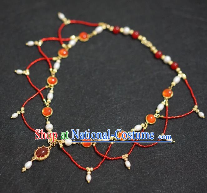 Chinese Ancient Court Wedding Red Beads Necklace Traditional Princess Hanfu Necklet Accessories for Women