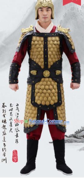 Traditional Chinese Ancient Drama General Costumes Chinese Qin Dynasty Warrior Helmet and Armour for Men