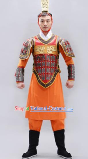 Traditional Chinese Qin Dynasty Warrior Orange Helmet and Armour Ancient Drama General Costumes for Men