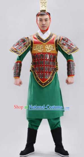 Traditional Chinese Qin Dynasty Warrior Green Helmet and Armour Ancient Drama General Costumes for Men