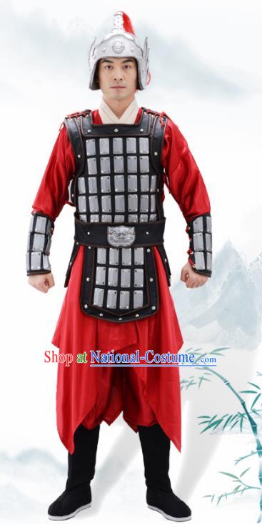 Traditional Chinese Han Dynasty Warrior Argent Helmet and Armour Ancient Drama General Costumes for Men