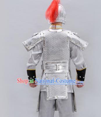 Traditional Chinese Han Dynasty Warrior Argent Helmet and Armour Ancient Drama General Costumes for Men