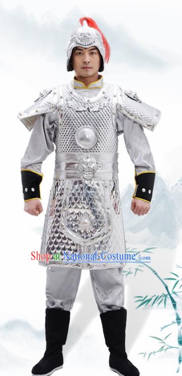 Traditional Chinese Han Dynasty Warrior Argent Helmet and Armour Ancient Drama General Costumes for Men