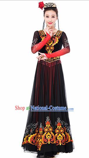 Traditional Chinese Uyghur Nationality Ethnic Costume Uigurian Minority Dance Black Dress for Women