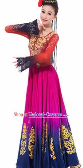 Traditional Chinese Uyghur Nationality Ethnic Costume Uigurian Minority Dance Rosy Silk Dress for Women