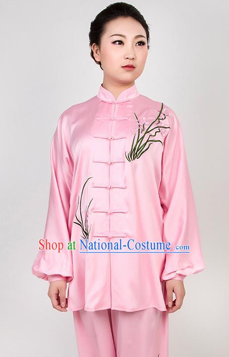 Chinese Traditional Martial Arts Embroidered Orchid Pink Costume Best Kung Fu Competition Tai Chi Training Clothing for Women