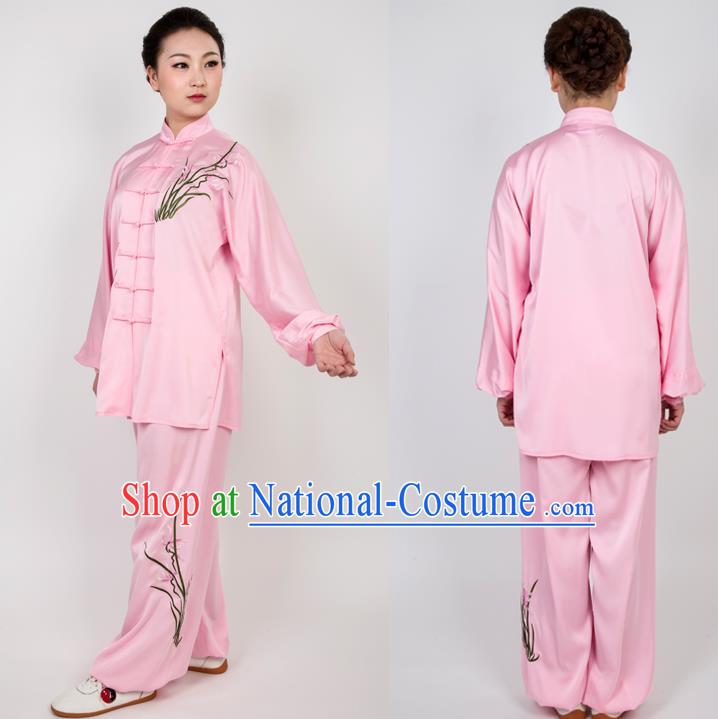 Chinese Traditional Martial Arts Embroidered Orchid Pink Costume Best Kung Fu Competition Tai Chi Training Clothing for Women