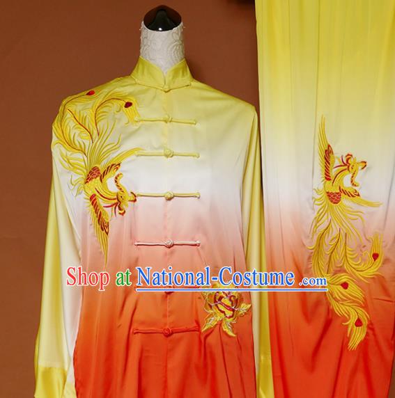 Chinese Traditional Best Martial Arts Embroidered Phoenix Orange Costume Kung Fu Competition Tai Chi Clothing for Women