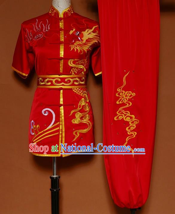 Chinese Traditional Martial Arts Competition Embroidered Dragon Red Costume Kung Fu Tai Chi Training Clothing for Men