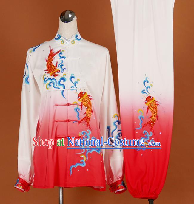 Chinese Traditional Best Martial Arts Embroidered Carp Rosy Costume Kung Fu Competition Tai Chi Clothing for Women