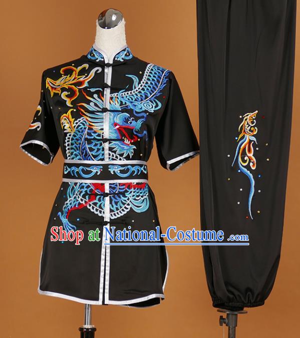 Chinese Traditional Martial Arts Competition Embroidered Dragon Black Costume Kung Fu Tai Chi Training Clothing for Men