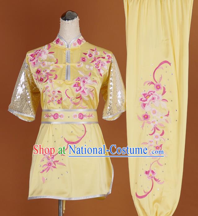 Chinese Traditional Best Martial Arts Embroidered Peony Yellow Costume Kung Fu Competition Tai Chi Clothing for Women