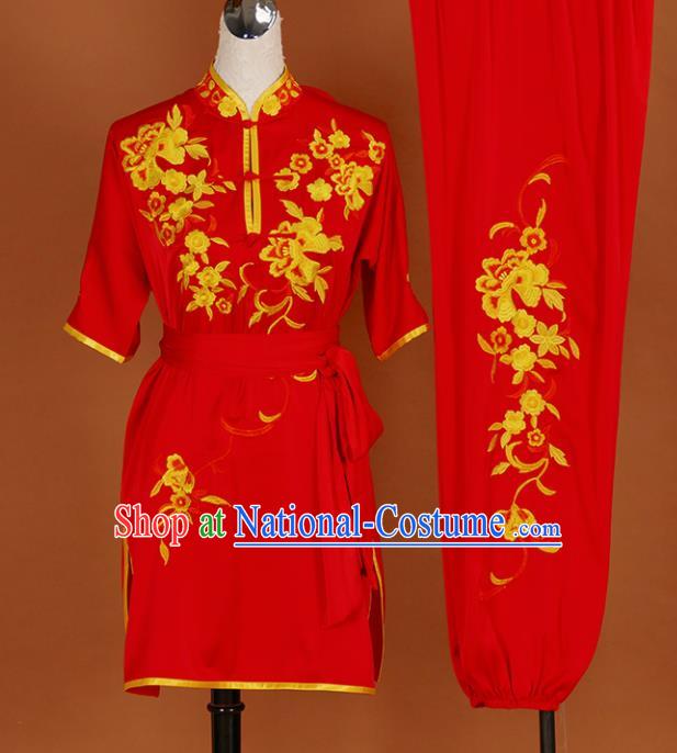 Chinese Traditional Best Martial Arts Embroidered Peony Red Costume Kung Fu Competition Tai Chi Clothing for Women