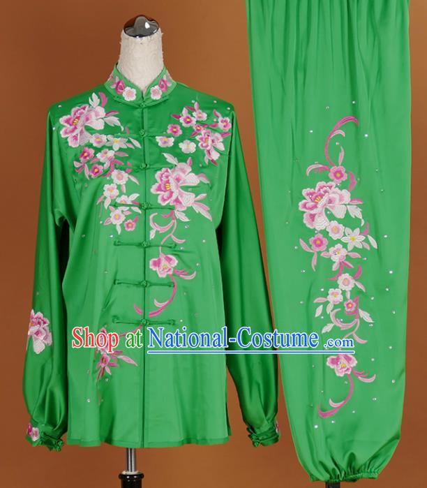 Chinese Traditional Best Martial Arts Embroidered Peony Green Costume Kung Fu Competition Tai Chi Clothing for Women