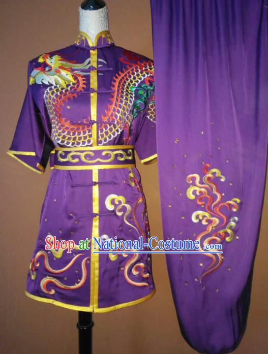 Best Martial Arts Competition Embroidered Dragon Purple Costume Chinese Traditional Kung Fu Tai Chi Training Clothing for Men