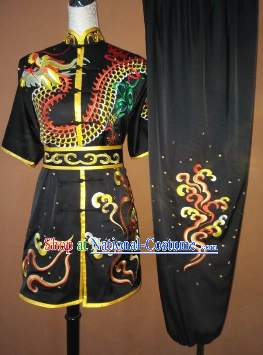 Best Martial Arts Competition Embroidered Dragon Black Costume Chinese Traditional Kung Fu Tai Chi Training Clothing for Men