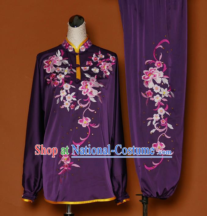 Chinese Traditional Best Martial Arts Embroidered Peony Purple Costume Kung Fu Competition Tai Chi Clothing for Women