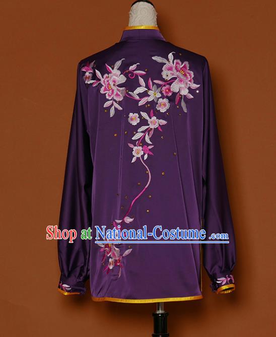 Chinese Traditional Best Martial Arts Embroidered Peony Purple Costume Kung Fu Competition Tai Chi Clothing for Women