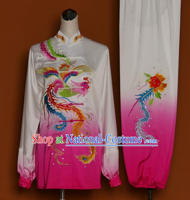 Chinese Traditional Best Martial Arts Embroidered Phoenix Peony Rosy Costume Kung Fu Competition Tai Chi Clothing for Women