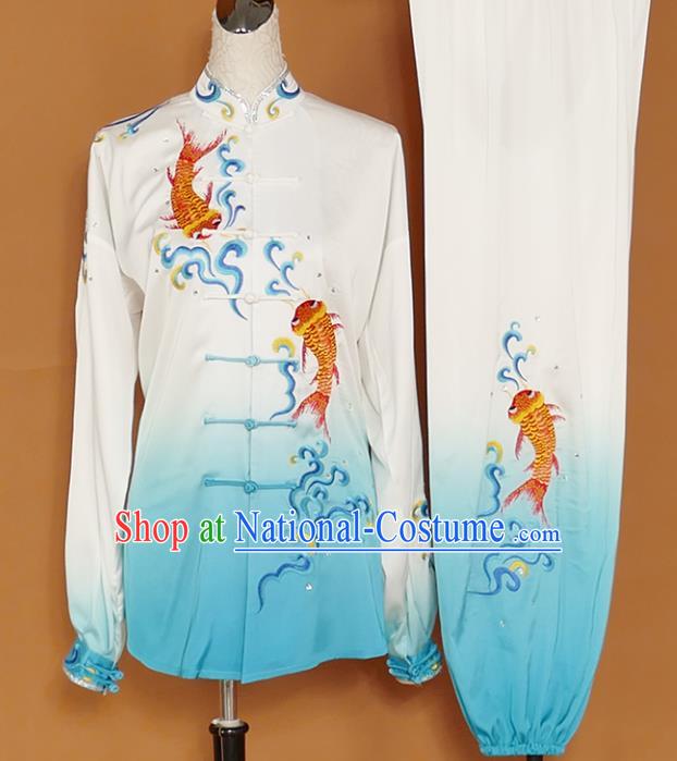 Chinese Traditional Best Martial Arts Embroidered Carp Blue Costume Kung Fu Competition Tai Chi Clothing for Women