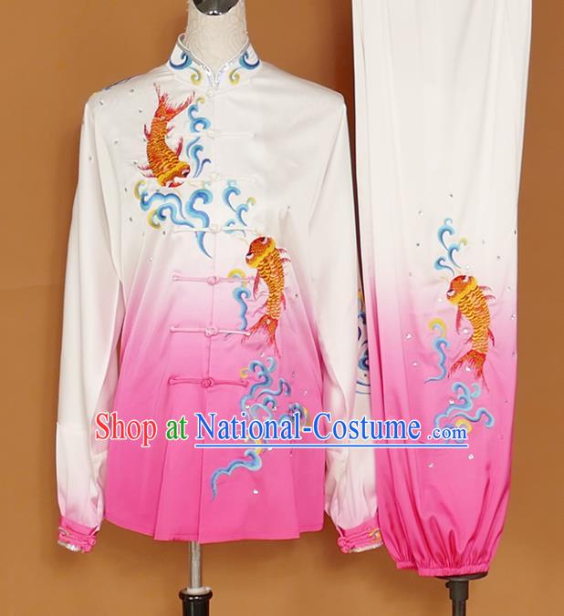 Chinese Traditional Best Martial Arts Embroidered Carp Rosy Costume Kung Fu Competition Tai Chi Clothing for Women