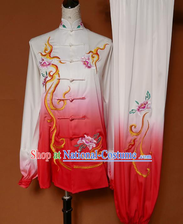 Chinese Traditional Best Martial Arts Embroidered Peony Red Costume Kung Fu Competition Tai Chi Clothing for Women