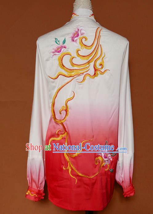 Chinese Traditional Best Martial Arts Embroidered Peony Red Costume Kung Fu Competition Tai Chi Clothing for Women