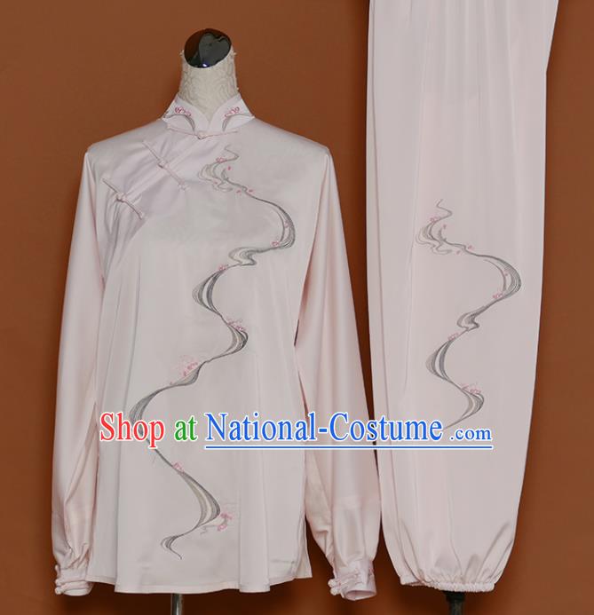 Chinese Traditional Best Martial Arts Printing Light Pink Costume Kung Fu Competition Tai Chi Clothing for Women