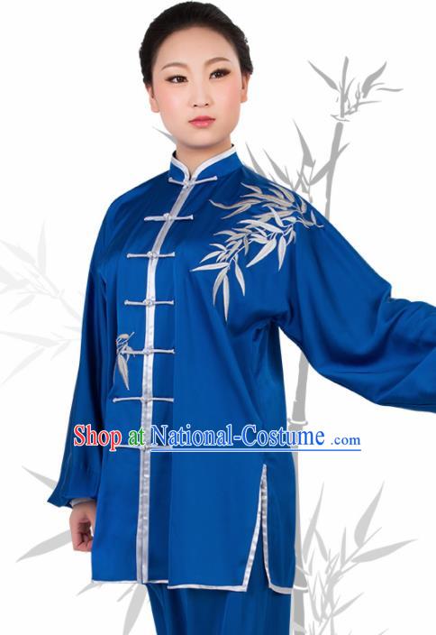 Chinese Traditional Martial Arts Embroidered Bamboo Blue Costume Best Kung Fu Competition Tai Chi Training Clothing for Women