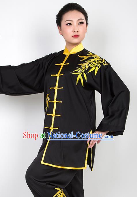 Chinese Traditional Martial Arts Embroidered Bamboo Black Costume Best Kung Fu Competition Tai Chi Training Clothing for Women