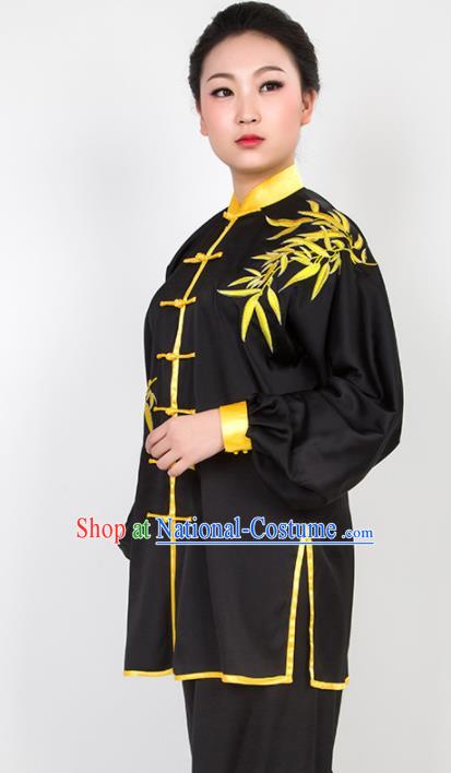 Chinese Traditional Martial Arts Embroidered Bamboo Black Costume Best Kung Fu Competition Tai Chi Training Clothing for Women