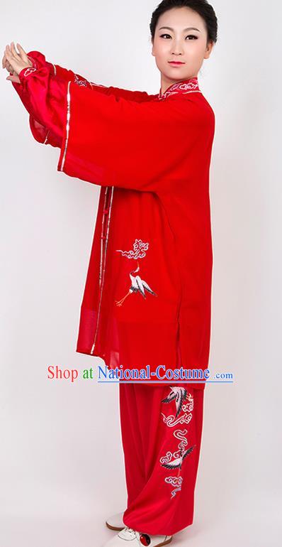 Chinese Traditional Martial Arts Embroidered Crane Red Costume Best Kung Fu Competition Tai Chi Training Clothing for Women