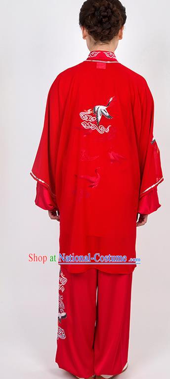 Chinese Traditional Martial Arts Embroidered Crane Red Costume Best Kung Fu Competition Tai Chi Training Clothing for Women