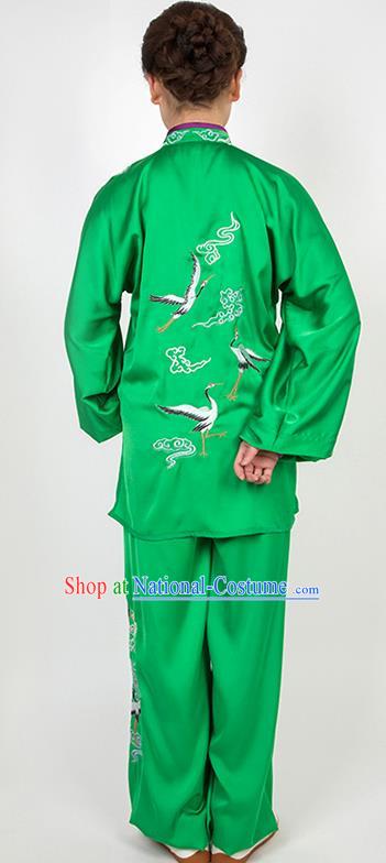 Chinese Traditional Martial Arts Embroidered Crane Green Costume Best Kung Fu Competition Tai Chi Training Clothing for Women