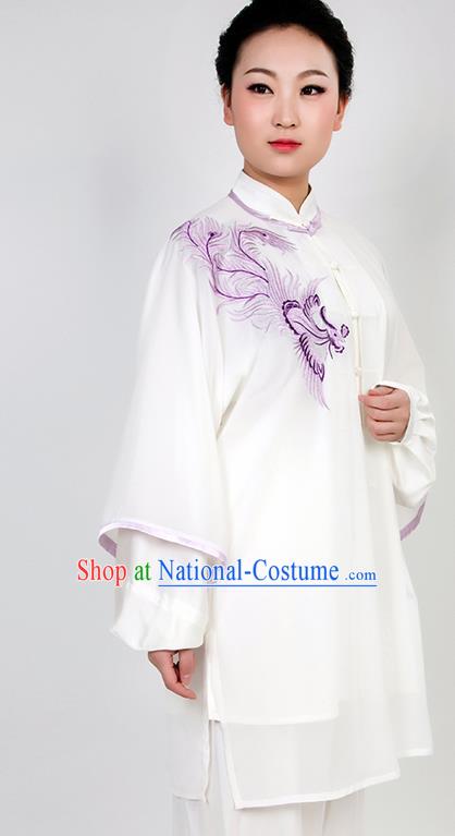 Chinese Traditional Martial Arts Embroidered Phoenix White Costume Best Kung Fu Competition Tai Chi Training Clothing for Women