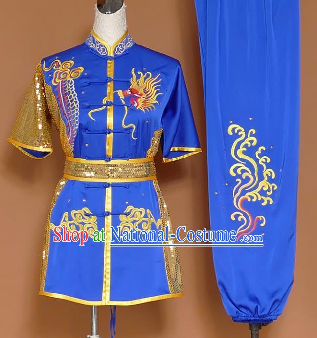 Royalblue Best Martial Arts Competition Embroidered Dragon Uniforms Chinese Traditional Kung Fu Tai Chi Training Costume for Men