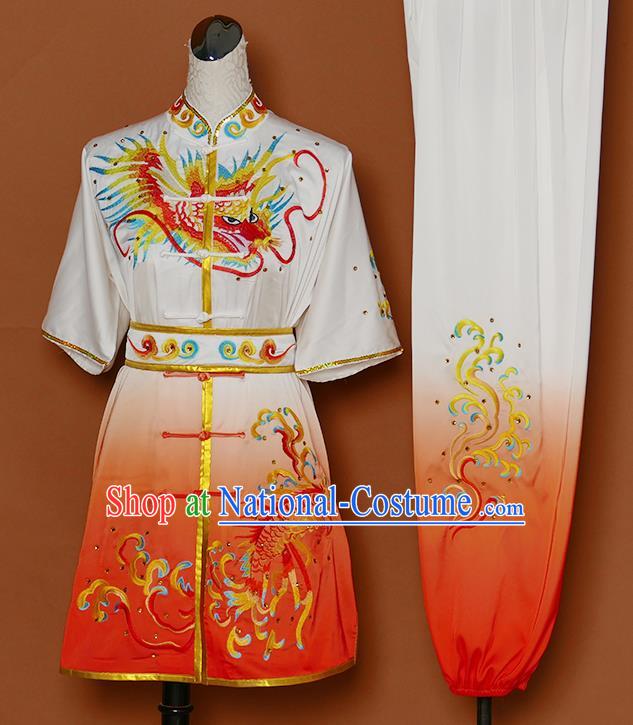 Chinese Martial Arts Competition Embroidered Dragon Orange Uniforms Traditional Kung Fu Tai Chi Training Costume for Men